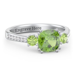 3 Stone Cushion Cut Duchess Ring with Accents in 925 Sterling Silver with Peridot and White Premium Zirconia