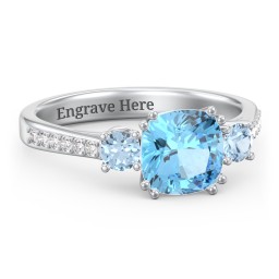 3 Stone Cushion Cut Duchess Ring with Accents in 925 Sterling Silver with Blue Topaz and White Premium Zirconia