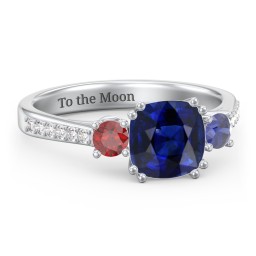 3 Stone Cushion Cut Duchess Ring with Accents in 925 Sterling Silver with Blue Sapphire, Garnet, and White Premium Zirconia