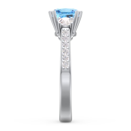 3 Stone Cushion Cut Duchess Ring with Accents – Sterling Silver with Blue Topaz, Cubic Zirconia, and White Premium Zirconia