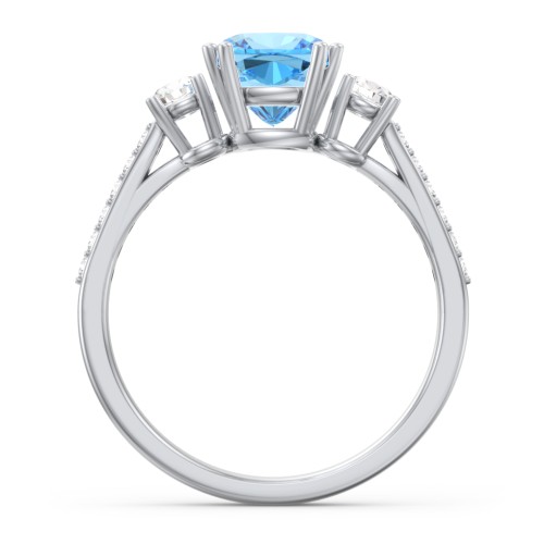 3 Stone Cushion Cut Duchess Ring with Accents – Sterling Silver with Blue Topaz, Cubic Zirconia, and White Premium Zirconia