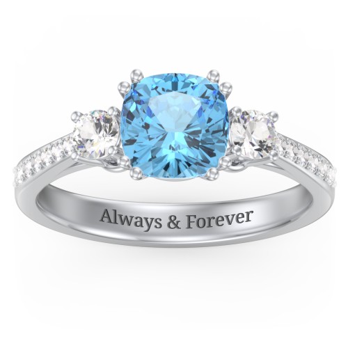 3 Stone Cushion Cut Duchess Ring with Accents – Sterling Silver with Blue Topaz, Cubic Zirconia, and White Premium Zirconia