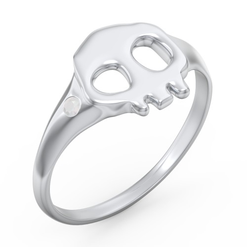 Women's Skull Signet Ring with Accent Stone – Sterling Silver with Opal