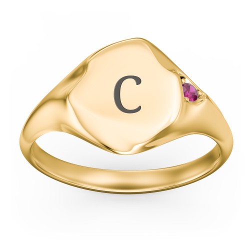 Women's Abstract Signet Ring with Accent Stone – 18K Gold Plated Silver with Ruby