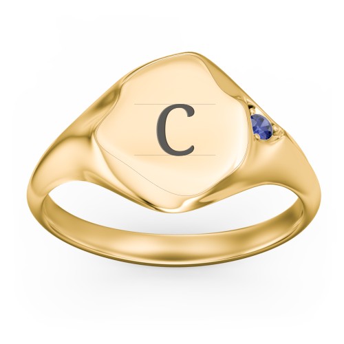 Women's Abstract Signet Ring with Accent Stone – 18K Gold Plated Silver with Blue Sapphire