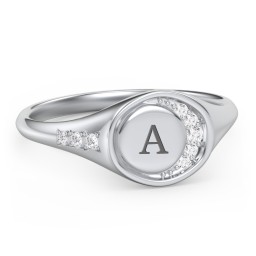 Engravable Crescent Moon and Stars Signet Ring with Accents in 925 Sterling Silver with White Premium Zirconia
