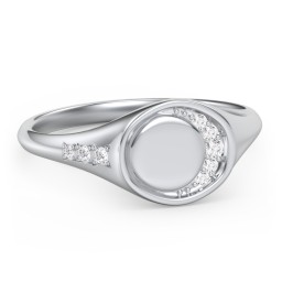 Engravable Crescent Moon and Stars Signet Ring with Accents in 925 Sterling Silver with White Premium Zirconia