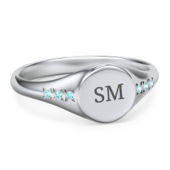Women's Small Round Signet Ring with Accent Stones – Sterling Silver with Mint Premium Zirconia
