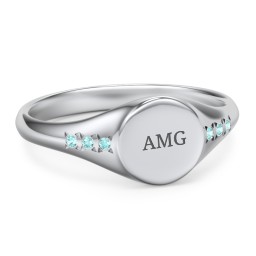 Women's Small Round Signet Ring with Accent Stones in 925 Sterling Silver with Mint Premium Zirconia
