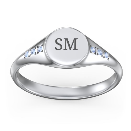 Women's Small Round Signet Ring with Accent Stones – Sterling Silver with Fancy Blue Premium Zirconia