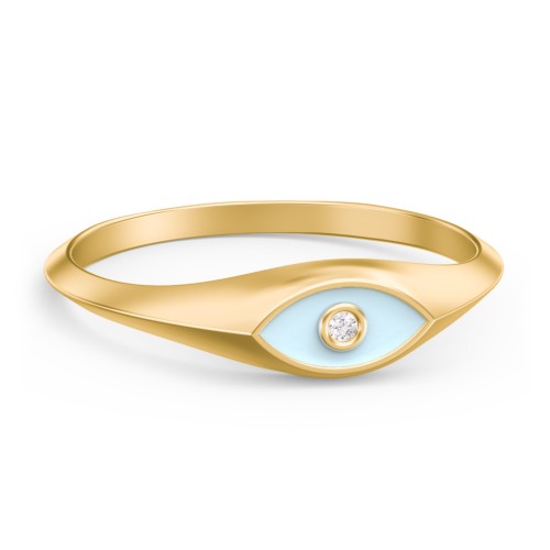 Women's Evil Eye Signet Ring with Accent Stone – 9kt Yellow Gold with White Premium Zirconia
