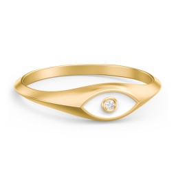 Women's Evil Eye Signet Ring with Accent Stone in 9K Solid Yellow Gold with White Premium Zirconia