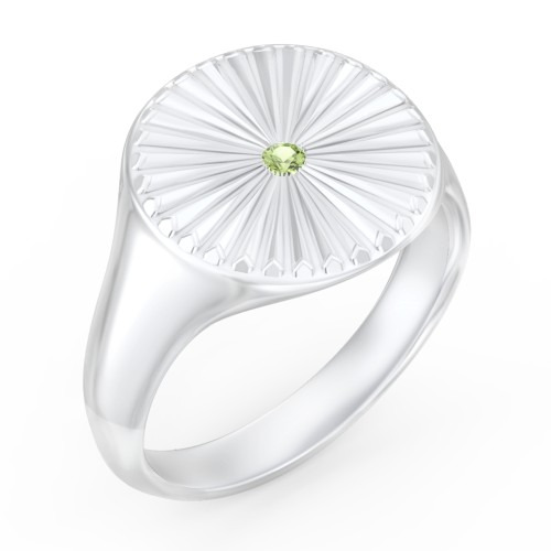 Women’s Sunburst Signet Ring with Birthstone – Sterling Silver with Peridot