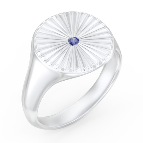 Women’s Sunburst Signet Ring with Birthstone – Sterling Silver with Blue Sapphire