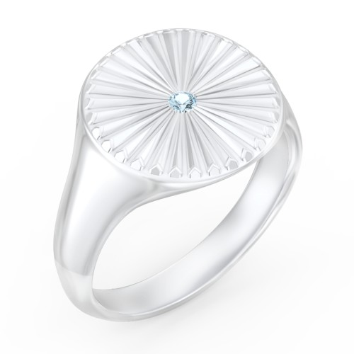 Women’s Sunburst Signet Ring with Birthstone – Sterling Silver with Blue Topaz
