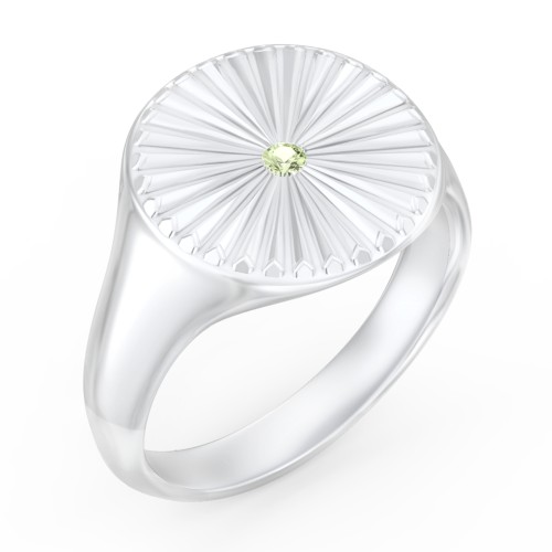 Women’s Sunburst Signet Ring with Birthstone – Sterling Silver with Peridot