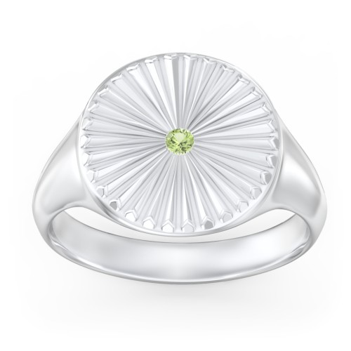 Women’s Sunburst Signet Ring with Birthstone – Sterling Silver with Peridot