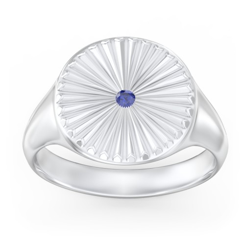 Women’s Sunburst Signet Ring with Birthstone – Sterling Silver with Blue Sapphire