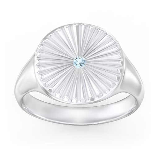 Women’s Sunburst Signet Ring with Birthstone – Sterling Silver with Blue Topaz