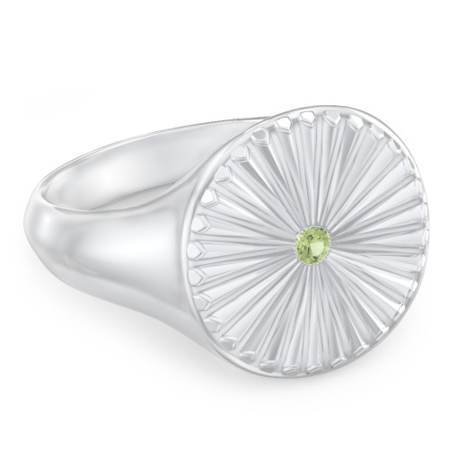 Women’s Sunburst Signet Ring with Birthstone – Sterling Silver with Peridot