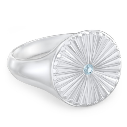 Women’s Sunburst Signet Ring with Birthstone – Sterling Silver with Blue Topaz