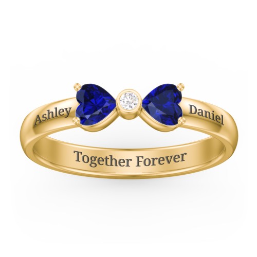 Birthstone Bow Ring with Bezeled Accent – 18K Gold Plated Silver with Blue Sapphire and White Premium Zirconia