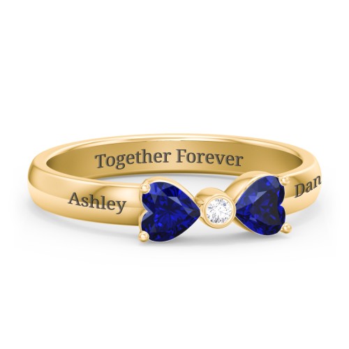 Birthstone Bow Ring with Bezeled Accent – 18K Gold Plated Silver with Blue Sapphire and White Premium Zirconia