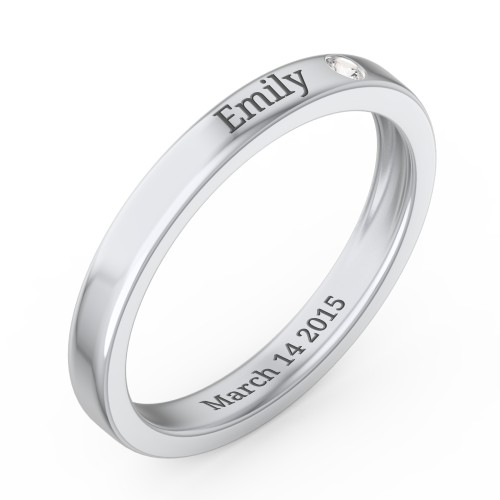 Stackable Birthstone Ring with Engraving – Sterling Silver with Cubic Zirconia