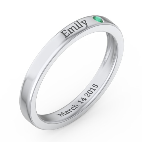 Stackable Birthstone Ring with Engraving – Sterling Silver with Emerald