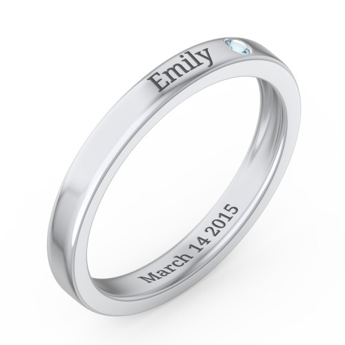 Stackable Birthstone Ring with Engraving – Sterling Silver with Blue Topaz