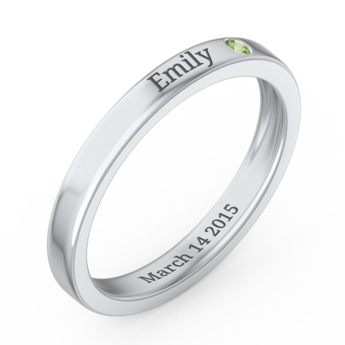 Stackable Birthstone Ring with Engraving – Sterling Silver with Green Sapphire