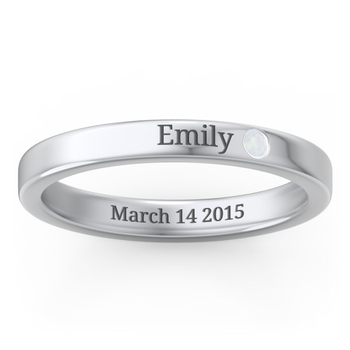 Stackable Birthstone Ring with Engraving – Sterling Silver with Opal