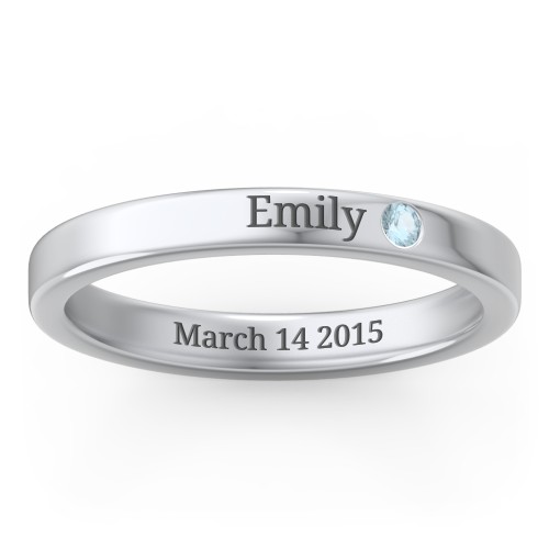 Stackable Birthstone Ring with Engraving – Sterling Silver with Blue Topaz