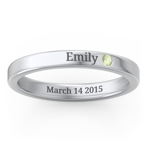Stackable Birthstone Ring with Engraving – Sterling Silver with Peridot