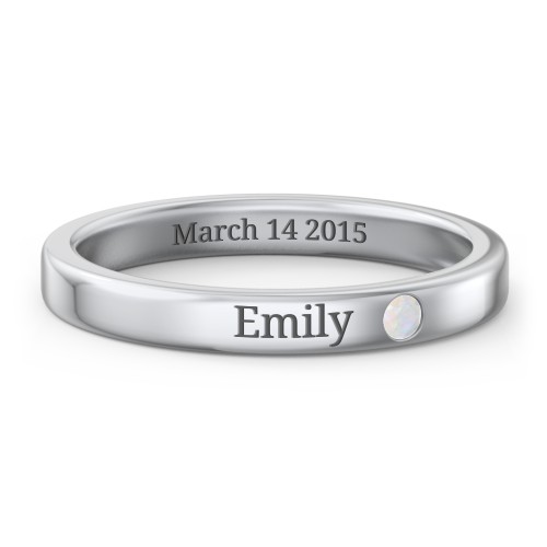 Stackable Birthstone Ring with Engraving – Sterling Silver with Opal