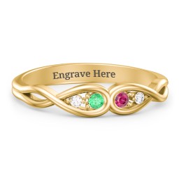 Double Infinity Birthstone Ring with Accents in 9K Solid Yellow Gold with Emerald, Ruby, and White Premium Zirconia