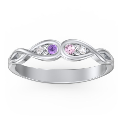 Double Infinity Birthstone Ring with Accents – Sterling Silver with Amethyst, Pink Tourmaline, and White Premium Zirconia