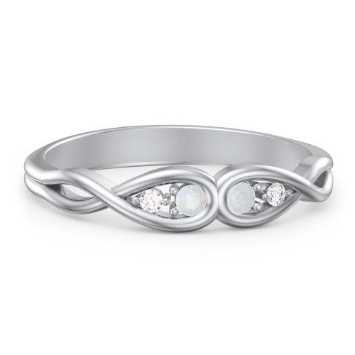 Double Infinity Birthstone Ring with Accents – Sterling Silver with Opal and White Premium Zirconia