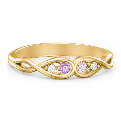 Double Infinity Birthstone Ring with Accents – 9kt Yellow Gold with Amethyst, Pink Tourmaline, and White Premium Zirconia