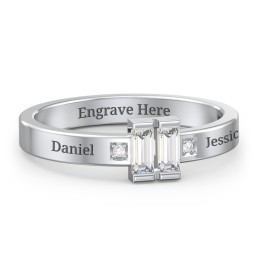 Baguette Birthstone Ring with Accents in 925 Sterling Silver with White Sapphire and White Premium Zirconia
