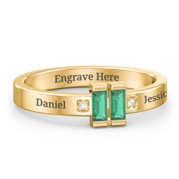 Baguette Birthstone Ring with Accents in 18K Gold Plated Silver with Emerald and White Premium Zirconia