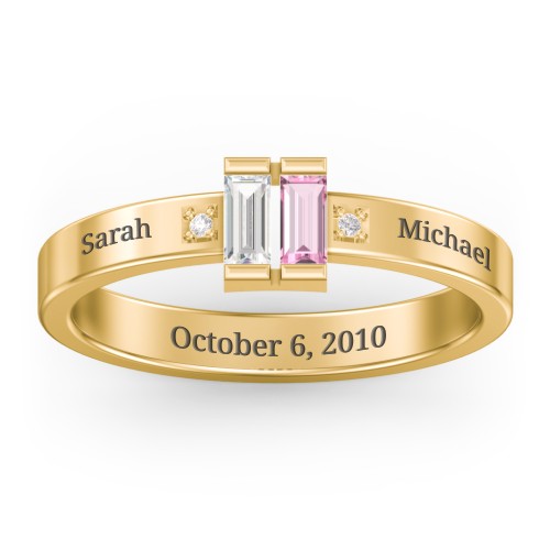 Baguette Birthstone Ring with Accents – 9kt Yellow Gold with Cubic Zirconia, Pink Tourmaline, and White Premium Zirconia