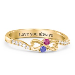 Infinity Heart Ring with Accents in 18K Gold Plated Silver with Blue Sapphire, Ruby, and White Premium Zirconia