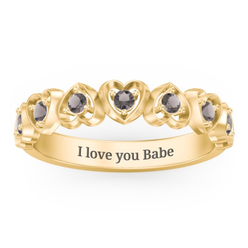 Multi-Heart Ring with Birthstones – 18K Gold Plated Silver with Smokey Quartz