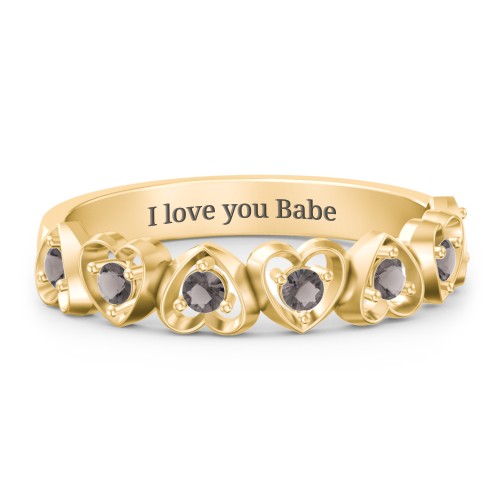 Multi-Heart Ring with Birthstones – 18K Gold Plated Silver with Smokey Quartz