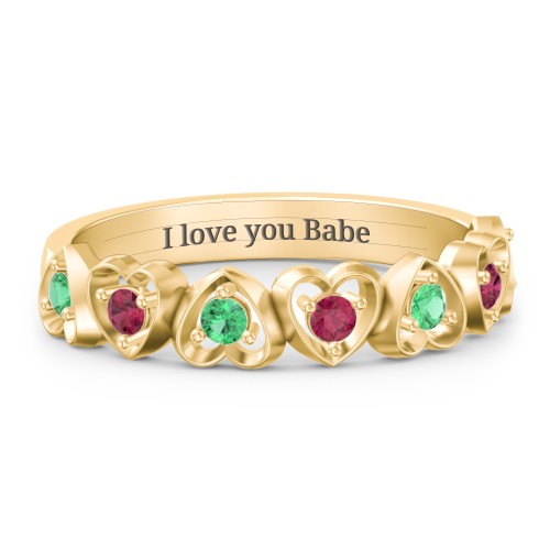 Multi-Heart Ring with Birthstones – 18K Gold Plated Silver with Emerald and Ruby