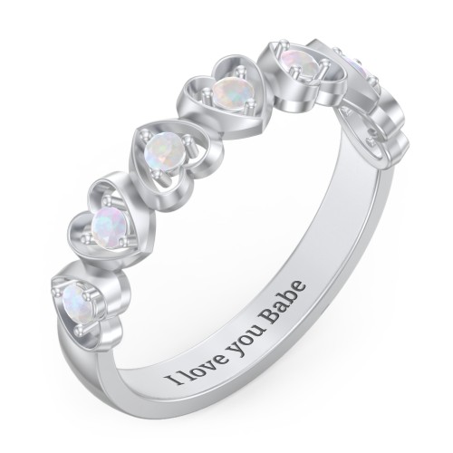 Multi-Heart Ring with Birthstones – Sterling Silver with Opal