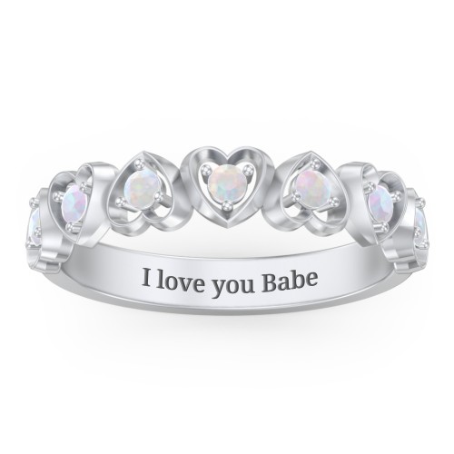 Multi-Heart Ring with Birthstones – Sterling Silver with Opal