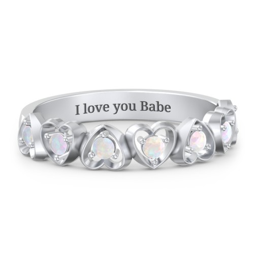 Multi-Heart Ring with Birthstones – Sterling Silver with Opal