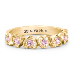 Multi-Heart Ring with Birthstones in 9K Solid Yellow Gold with Pink Tourmaline